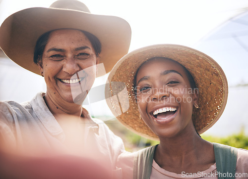 Image of Farming, smile and selfie of women in greenhouse, sustainable small business and agriculture. Portrait of happy friends at vegetable farm, diversity and growth in summer with agro entrepreneurship.