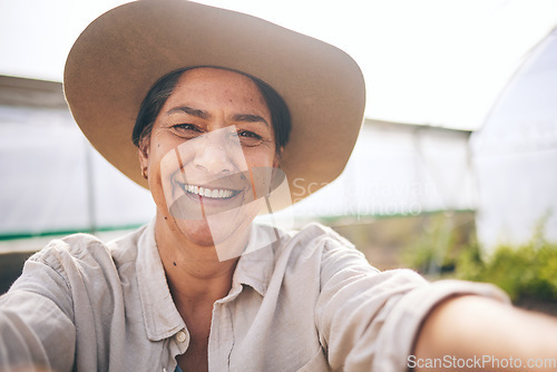 Image of Farming, plants and selfie of happy woman in greenhouse, pride in sustainable small business and agriculture. Portrait of mature farmer at vegetable farm, growth in summer and agro entrepreneurship.
