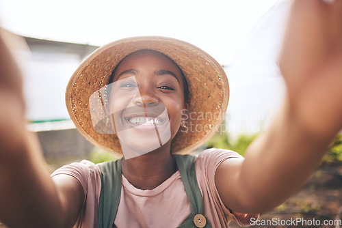 Image of Happy farming, greenhouse and selfie of black woman with sustainable small business in agriculture. Portrait of farmer with smile at vegetable farm, agro career growth in summer and plants in Africa.