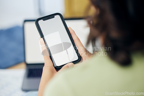 Image of Phone, mockup and hands of woman with space for advertising, brand or social media communication at home. Smartphone, screen and female person with online, app and news, information and sign up promo