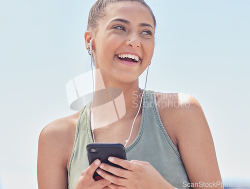 Image of Thinking, fitness and a woman with a phone and music for exercise, training and an outdoor workout. Smile, running and a girl or athlete with a podcast and a mobile for a cardio idea or audio