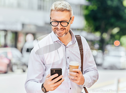 Image of City, email and a businessman with a phone and coffee for morning travel, communication or a chat. Happy, executive and a mature employee reading a conversation on a mobile from an app with a drink