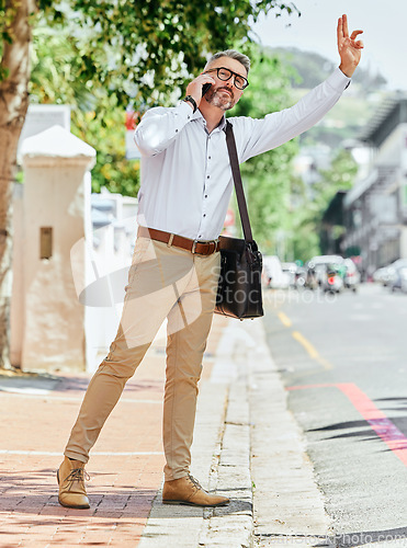 Image of Businessman, phone call or hand for taxi in city travel, commute or trip to work on road. Mature person, employee and entrepreneur wave, hailing or transportation service stop gesture with technology