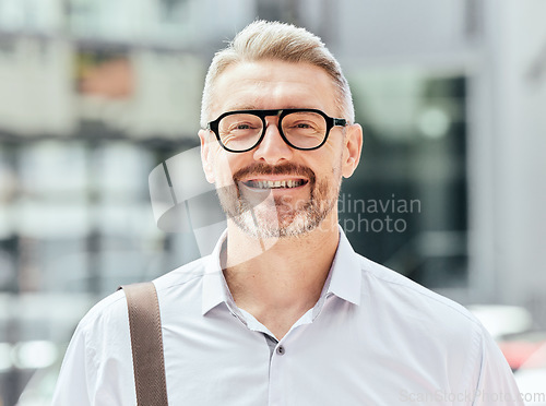 Image of Mature business man, street and portrait with glasses, bag and happy for walk, travel or outdoor in metro. Entrepreneur, CEO or manager in city, traffic or sidewalk for excited smile on face in Milan