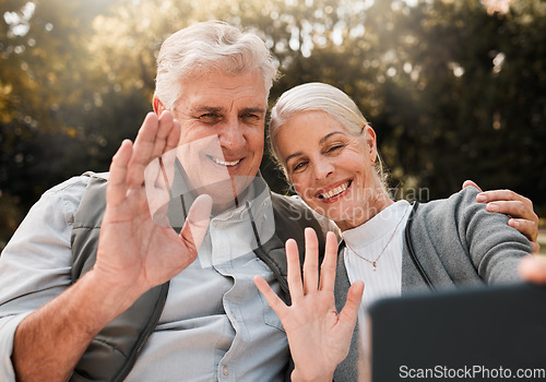 Image of Senior couple, hiking and video call in nature, wave and smile outdoor with hello, sunshine and adventure. Elderly man, woman and webinar on social media, live streaming and excited for chat in woods