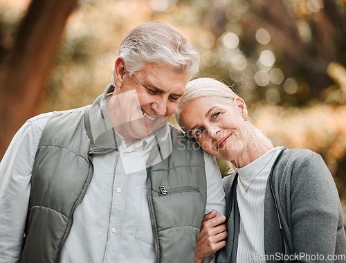 Image of Smile, love and peace with old couple in nature for bonding, happy and support. Relax, happiness and retirement with senior man and woman walking in countryside park for vacation and commitment