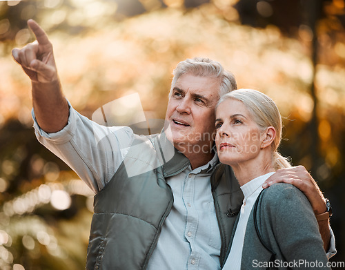 Image of Senior couple, outdoor hiking and pointing with thinking, view or direction in nature, sunshine or adventure. Elderly man, woman and together with vision, walk or check environment on holiday in park