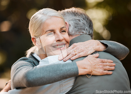 Image of Old woman, face and senior happy couple hug, care and enjoy quality time together, bond and connect in nature park. Support, love and outdoor man, retirement wife or marriage people embrace on date