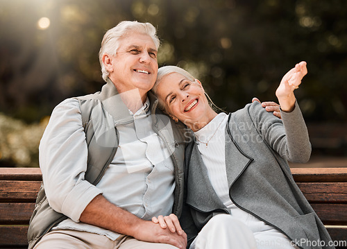 Image of Love, park bench and senior happy couple relax, bonding and enjoy garden view, fresh air and nature wellness. Freedom, marriage and outdoor man, old woman or retirement people on romantic date