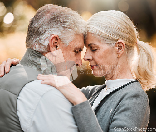 Image of Love, forehead or face of senior couple bonding, slow dance and enjoy quality time together in park, forest or woods. Wellness, nature or elderly people care, support or connect on relax outdoor date