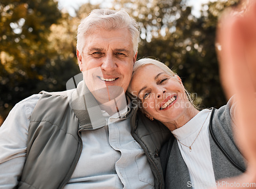 Image of Park selfie, portrait and senior happy couple bonding, care and enjoy time together, nature and memory picture. Photography, face and old man, woman or marriage people with photo of romantic date