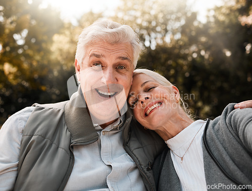 Image of Happy, portrait and senior couple hug in a forest, love and bond in nature on a weekend trip together. Smile, face and romantic old woman embrace elderly male in woods, cheerful and enjoy retirement