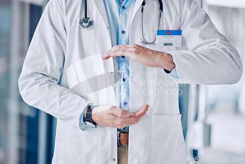 Image of Closeup, hands and hologram with a doctor, human body and neuro with science, spine and biotechnology. Person, futuristic and medical professional with anatomy, hospital and holographic with research