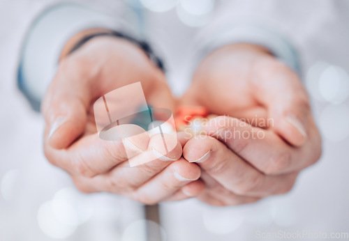 Image of Hands, pills and doctor or pharmacist with healthcare, medical or medicine drugs closeup. Hospital, clinic or pharmacy with pharmaceutical, wellness and virus prevention medication for help and care