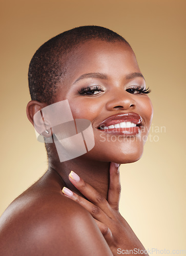 Image of Beauty, makeup and face portrait of a black woman in studio for self care, skin glow and cosmetics. Happy african person or aesthetic model with facial shine, dermatology on beige background