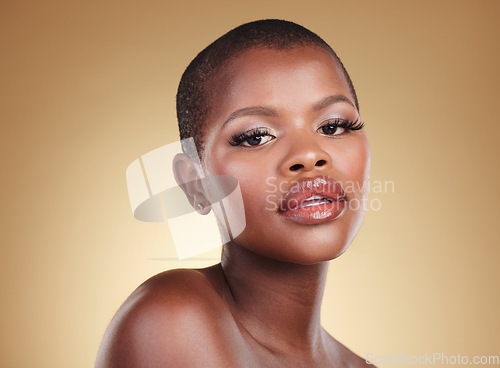 Image of Beauty, makeup and portrait of a black woman in studio for skin care, glow and cosmetics. Face of african person or aesthetic model with facial shine, dermatology and wellness on a beige background