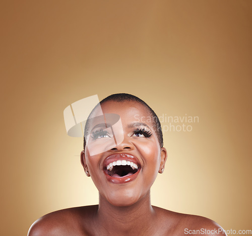 Image of Skincare, surprise face and a woman in studio for makeup, glow and wow cosmetics. Headshot of african person or model with facial shine, dermatology and wellness on a beige background or mockup space