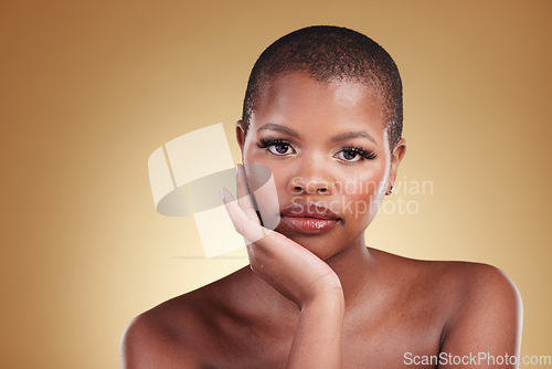 Image of Black woman, makeup and portrait of beauty and face in studio for skin care, glow and cosmetics. Headshot of african model person with facial shine, dermatology and mockup space on a beige background