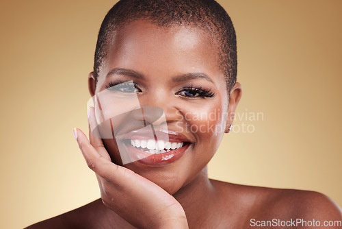 Image of Beauty, smile and portrait a black woman in studio for skincare, glow and cosmetics. Face of happy african model person with facial shine, dermatology and self care for wellness on a beige background