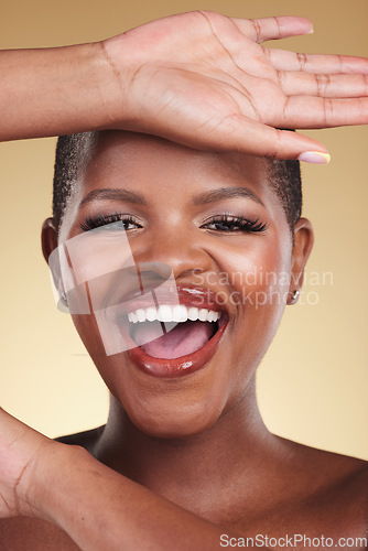Image of Beauty, natural makeup and face an excited woman in studio for skin care, glow and cosmetics. Portrait of an African model person with facial shine, dermatology and wellness on a beige background