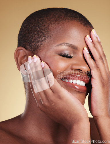 Image of Black woman, hands on face and beauty with manicure, natural cosmetics isolated on studio background. African model, eyes closed and nail care with smile, makeup and dermatology with skincare glow