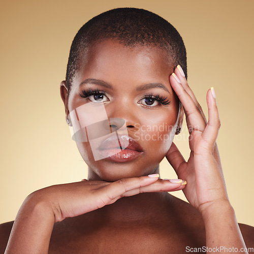 Image of Natural face, makeup and beauty of a black woman in studio for skin care, glow and cosmetics. portrait of African model person with facial shine, dermatology and wellness on a beige background