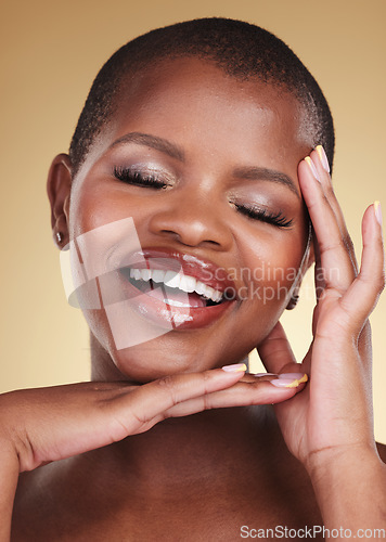 Image of Beauty, makeup and face of a happy woman in studio for skin care, glow and cosmetics. Headshot of african person or aesthetic model with facial shine, dermatology and wellness on a beige background