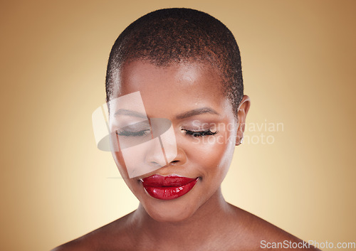 Image of Face, beauty and a makeup of a black woman in studio for skin care, glow and cosmetics. Headshot of african person or aesthetic model for facial shine, dermatology or red lipstick on beige background