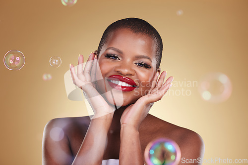 Image of Happy, makeup and bubbles with portrait of black woman in studio for cosmetics, spa treatment and luxury. Skincare, dermatology and self care with model on gold background for glow, facial and beauty