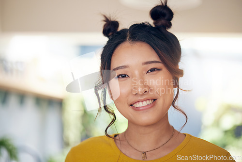 Image of Asian, woman and happy portrait in home with cool gen z person with a smile in kitchen, living room or apartment. Face, happiness and girl with unique fashion, hairstyle or casual confidence in house