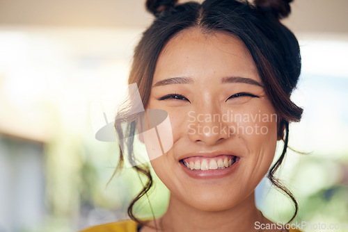 Image of Asian, woman and portrait with a big smile in home with cool gen z person in kitchen, living room or apartment with happiness. Excited, face and girl with confident, pride and natural beauty in house