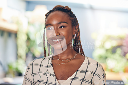 Image of Smile, thinking and a young black woman with idea, happiness and positive attitude. Happy student or african person with freedom, future plan and confidence for startup career, memory or motivation