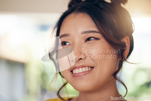 Image of Thinking, smile and an Asian woman in a house to relax with an idea, comfort and peace. Morning, young and face of a girl or person with happiness, confidence and a break in a home or apartment