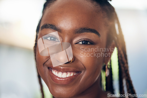 Image of Smile, face and portrait of a young black woman with makeup, happiness and positive attitude. Closeup of a person with freedom, motivation and confidence to relax at home in Africa