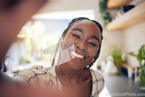 Image of Smile, selfie and face of a young black woman for social media, happiness or positive attitude. Portrait of African person with freedom, motivation and confidence to relax at home for profile picture