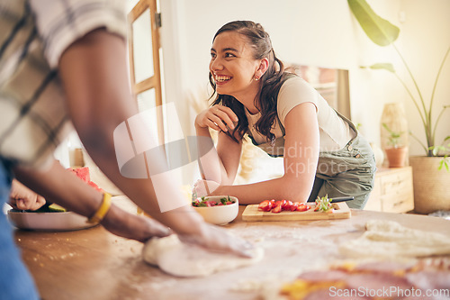 Image of Food, friends and cooking in kitchen happy, fun and bond on the weekend in house. Brunch, meal and group of people together with flour for pizza, pasta or handmade, dinner and conversation at home