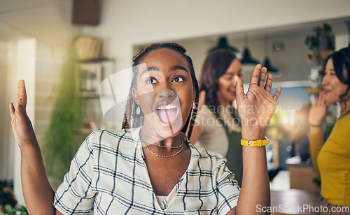 Image of Friends, excited and black woman in home dance for relaxing, having fun and bonding together. Relax, happy and group of people in living room listening to music, audio and song for freedom and energy