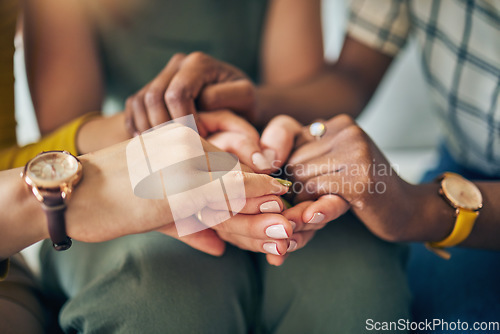 Image of Holding hands, circle and support, trust and prayer, solidarity and hope, empathy or care of community in religion. Comfort, worship and group of people in therapy, counselling and psychology meeting