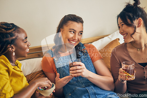 Image of Group of women, friends on sofa with drinks and smile, bonding in living room together in lounge. Happiness, love and friendship, girls on couch with diversity, pride and cocktail in home with fun.