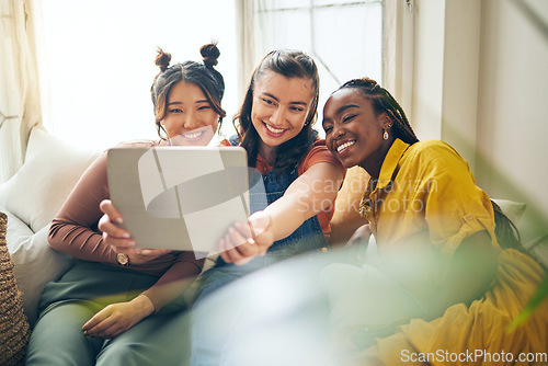 Image of Home, friends with selfie and women with tablet, social media and blog with profile picture. Female people, technology and group on a couch, bonding and influencer with happiness and content creator