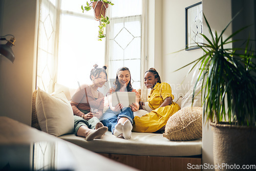 Image of Home, friends with selfie and women with live streaming, social media and tablet with content creator. People, technology and group on a couch, memory and influencer with happiness, relax and memory