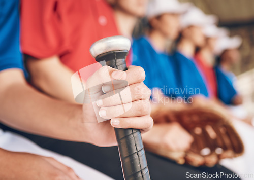 Image of Hand, softball and bat with sports and team, fitness and mission with closeup, people in dugout watching game. Athlete group, exercise and support with collaboration and baseball player in club