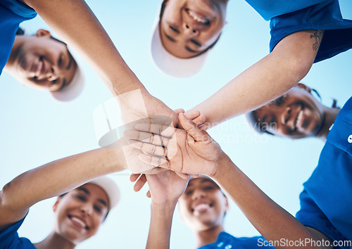 Image of Sports, hands and portrait of baseball women below for support, teamwork and goal collaboration. Fitness, face and friends palm together for softball training, commitment or motivation or celebration