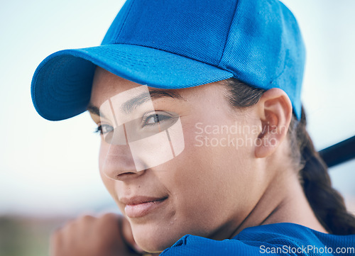 Image of Baseball, face and a person with bat outdoor on pitch for sports performance or competition. Professional athlete or softball woman for swing, commitment or fitness for game, training or exercise