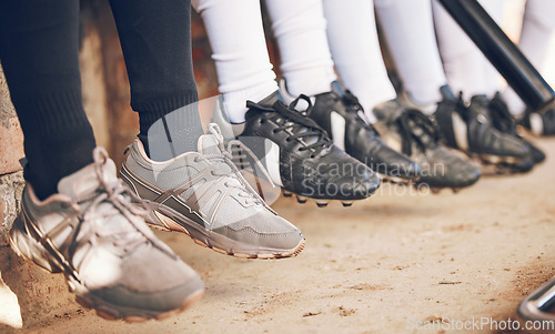 Image of Shoes, softball and sports, team and fitness with competition, people at stadium with mission. Athlete group, exercise and trust with support, collaboration and baseball player in club with footwear