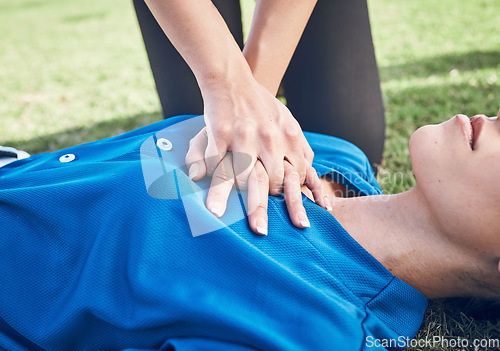 Image of CPR, lung press and woman hands on field for sport, fitness and game with accident and emergency. Training, paramedic and medical help for breathe from injury with first aid and athlete outdoor