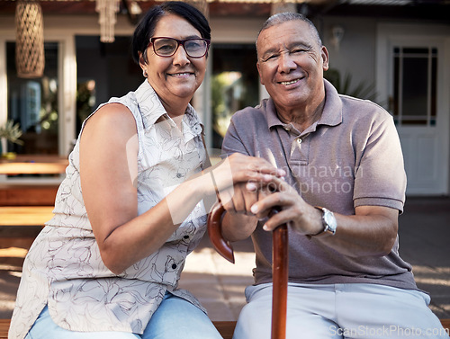 Image of Portrait, smile and cane of senior couple by home, bonding or having fun together. Relax, walking stick and elderly woman and man with a disability, happy and care, love and support, trust or loyalty