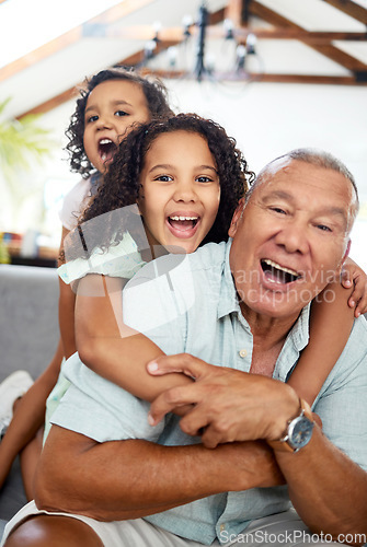 Image of Family, grandpa portrait and home with happy game, bonding and care with grandfather, excited and child. Love, play and living room with children and funny together relax with grandparents smile