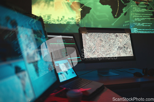 Image of Computer, dark and monitor for global cyber security, government research or data capturing. Software, office and a desk with pc for world server, surveillance agency or information for analysis