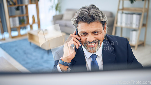 Image of Phone call, computer and mature happy man on business conversation, communication and talking with investment contact. Cellphone, networking and person consulting about online info, report of project